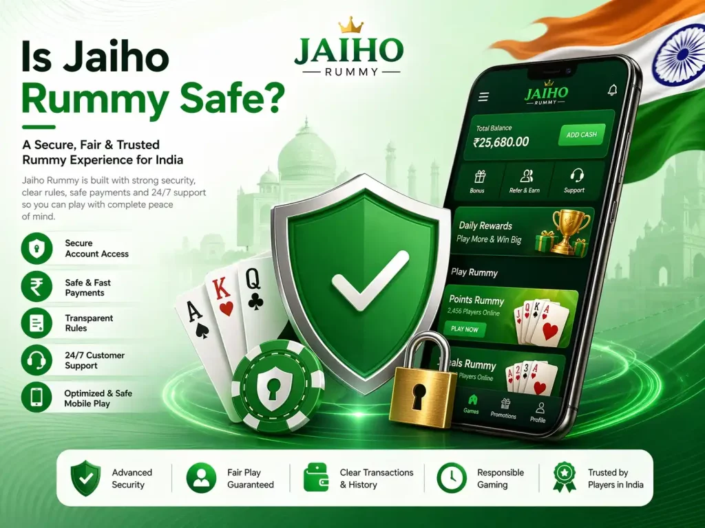 Is Jaiho Rummy Safe banner with green security theme, shield, mobile app screen, playing cards, Indian flag, and trusted safe gaming message.