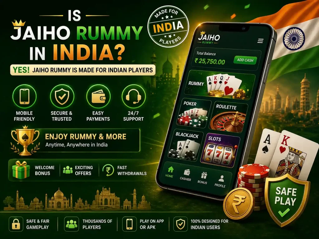 Jaiho Rummy India banner with mobile game screen, cards, rupee coins, secure play icons, and green India-themed background.