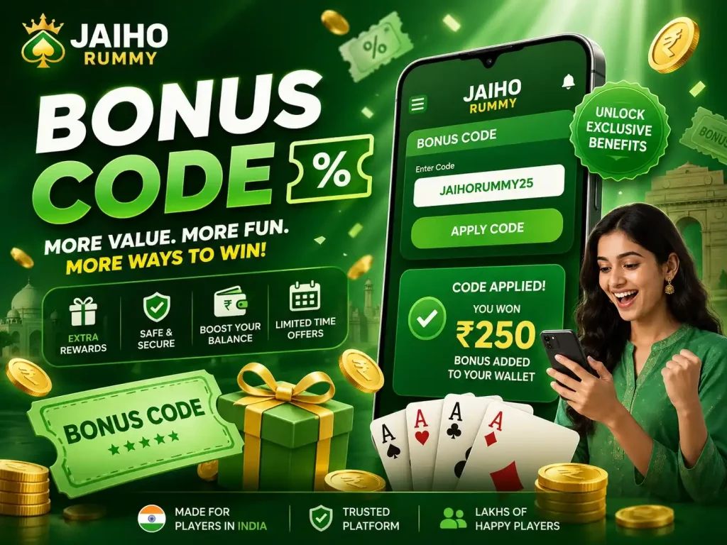 Jaiho Rummy Bonus Code India promotional image with mobile code screen, reward gift box, rupee coins, playing cards, and green white gaming theme.