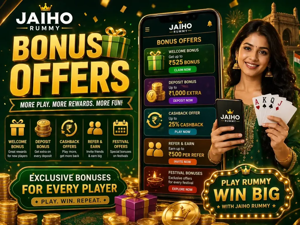 Jaiho Rummy Bonus Offers India illustration with welcome rewards, cashback promotions, gift icons, mobile rummy app, coins and festive offer elements on a 4:3 banner background
