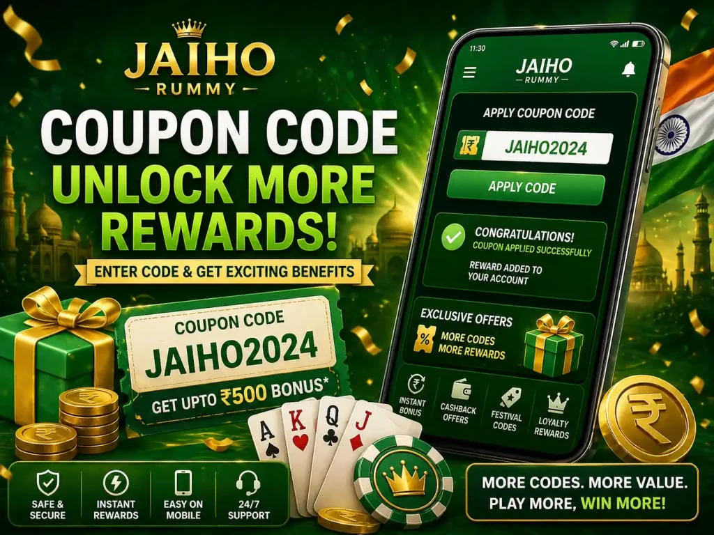 Jaiho Rummy Coupon Code India banner with mobile coupon entry screen, exclusive rewards, gift box, coins, playing cards and green premium theme.