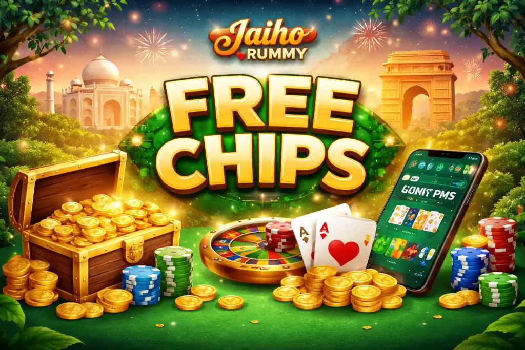 Jaiho Rummy Free Chips India – green themed illustration with coins, treasure chest, playing cards, roulette wheel and mobile game screen with Indian landmark background