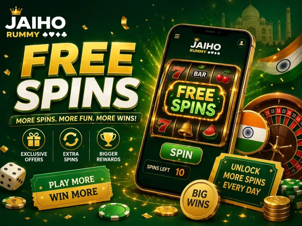 Jaiho Rummy free spins concept image with mobile gaming screen, Indian theme, reward spin elements, green white design and promotional free spins visuals