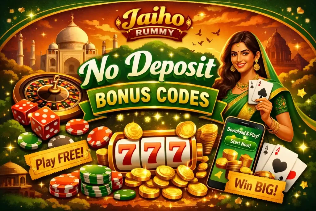 No Deposit Bonus Codes Jaiho Rummy India – green themed gaming illustration with rummy cards, casino elements, coins, mobile app and Indian cultural background