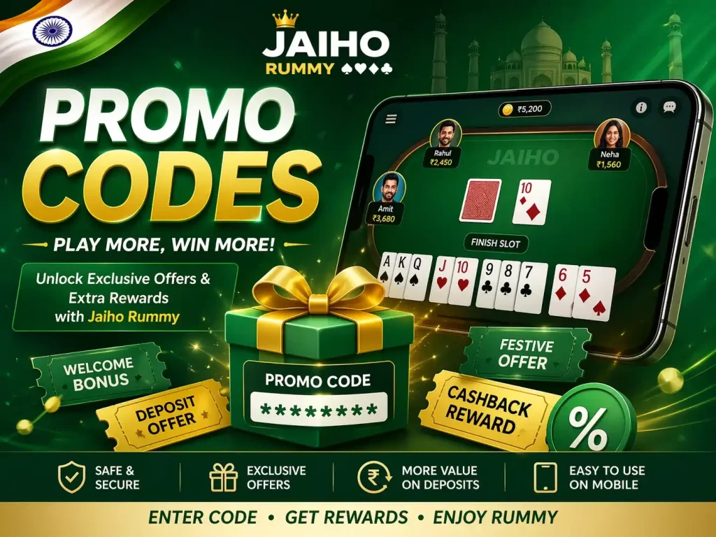 Jaiho Rummy promo codes concept image with mobile rummy gameplay, Indian theme, gift rewards, promo ticket elements, green white design and promotional offer visuals
