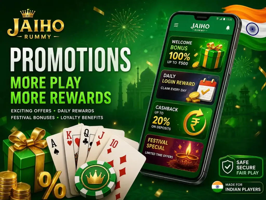 Jaiho Rummy Promotions India banner with mobile rewards screen, cashback offers, daily rewards, festival bonuses, gift box, playing cards, coins and green premium theme.