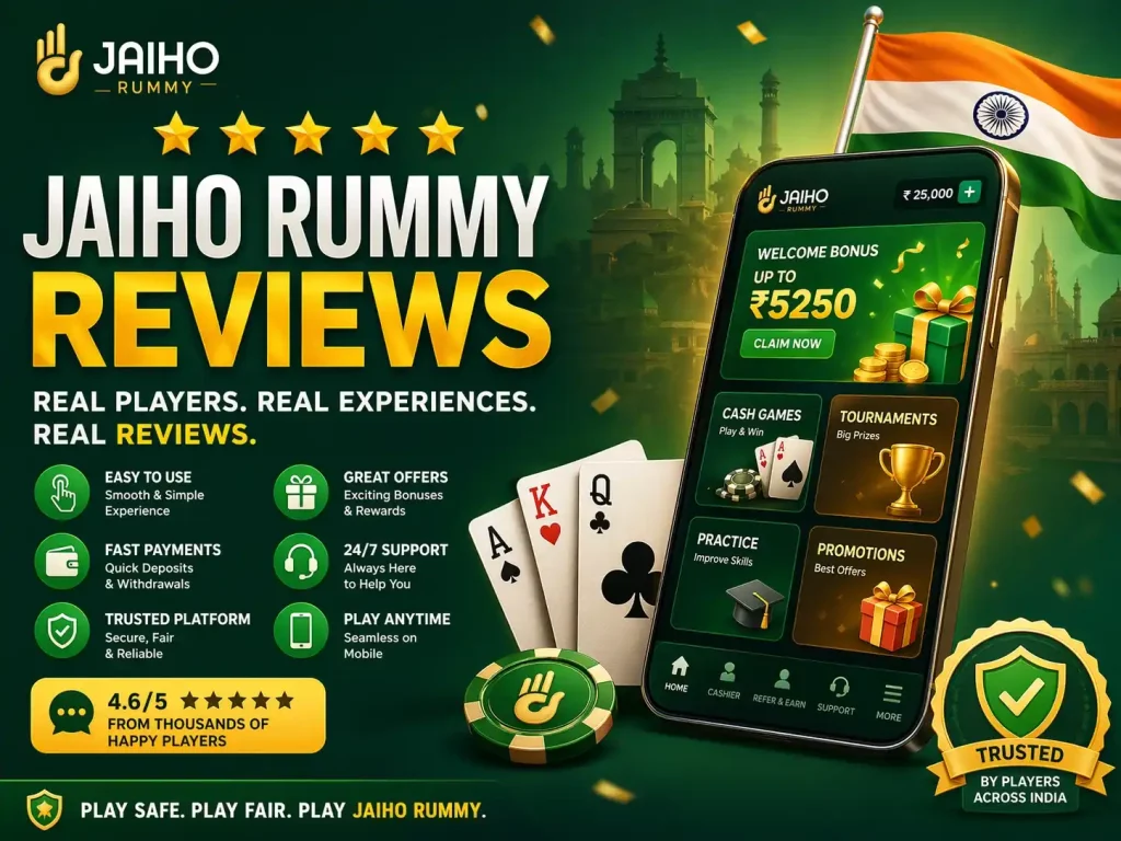  Jaiho Rummy reviews banner with five-star rating, mobile app screen, playing cards, Indian flag, trusted badge, and green review theme.