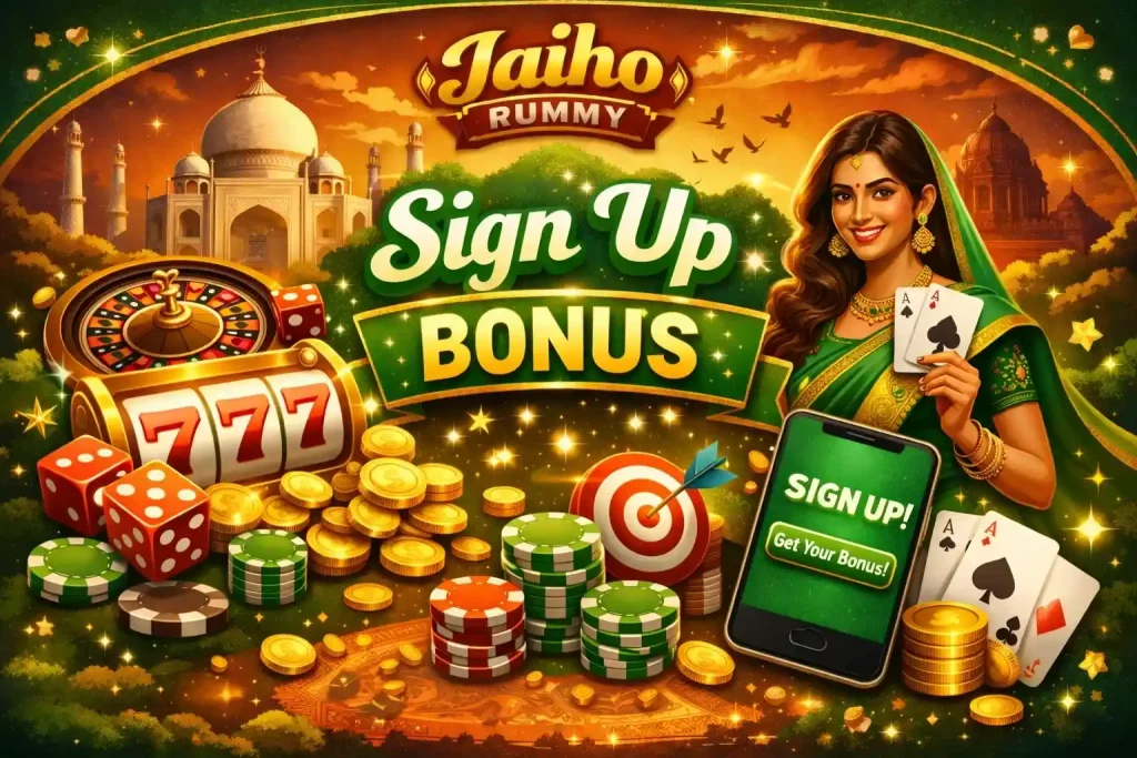 Jaiho Rummy Sign Up Bonus India – green themed gaming illustration with rummy cards, coins, roulette wheel, mobile sign-up screen and Indian landmark background
