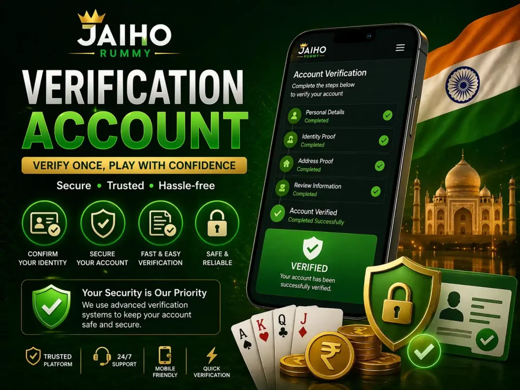 Jaiho Rummy verification account banner with mobile profile screen, secure identity check icons, cards, wallet symbols, and India-themed green background.