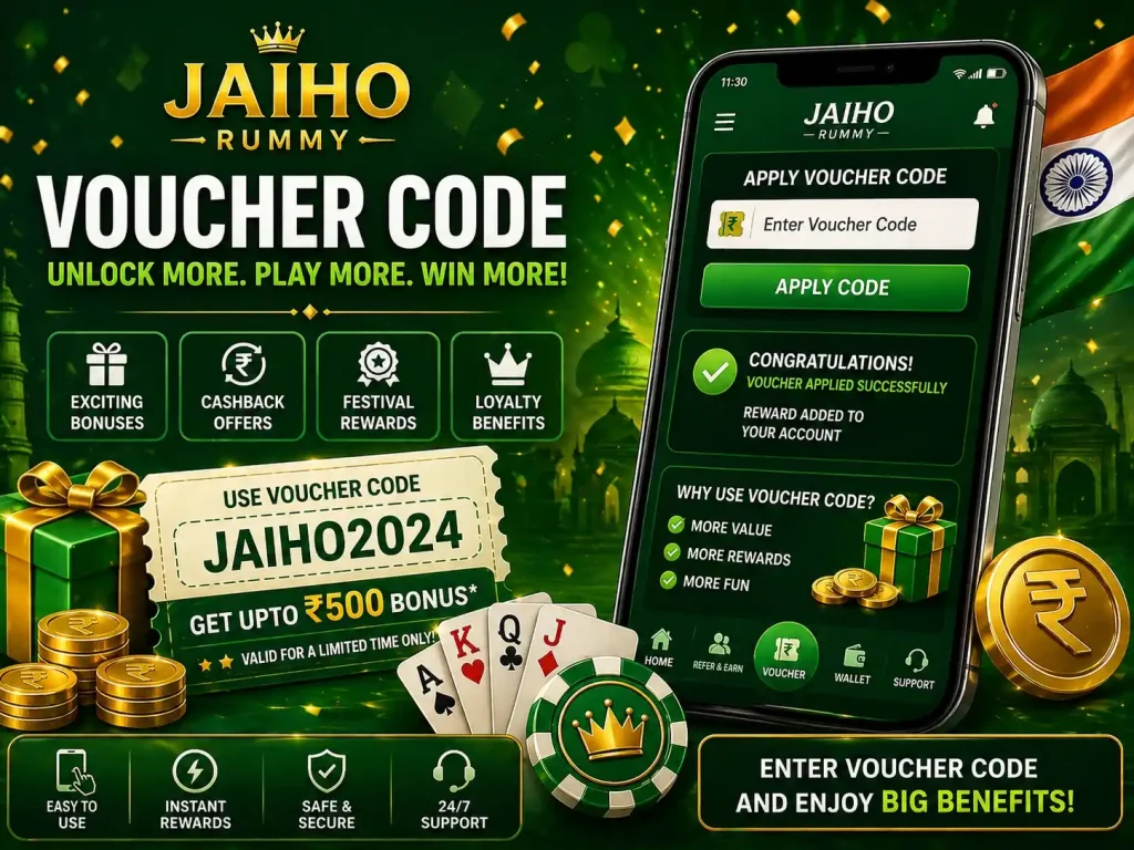 Jaiho Rummy Voucher Code India banner with mobile voucher entry screen, cashback rewards, gift box, coins, playing cards and green premium theme.