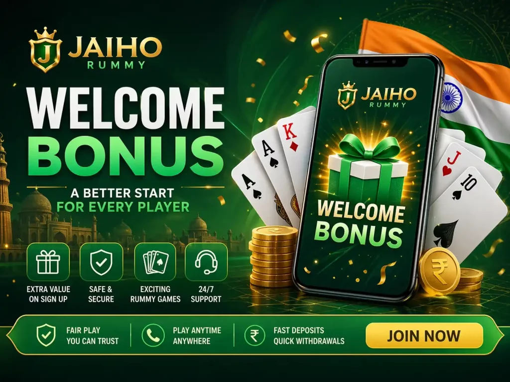 Jaiho Rummy welcome bonus concept image with mobile rummy gameplay, Indian theme, gift reward elements, green white design and promotional bonus visuals