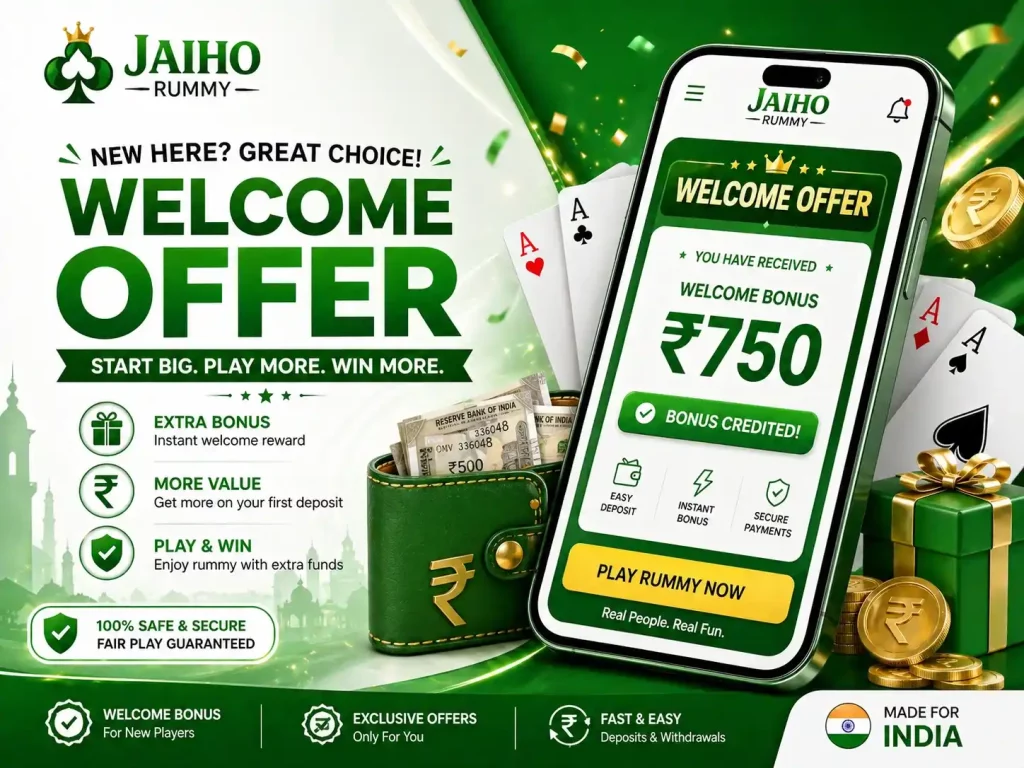 Jaiho Rummy Welcome Offer India promotional image with mobile welcome bonus screen, rupee coins, wallet, gift box, playing cards, and green white reward theme.
