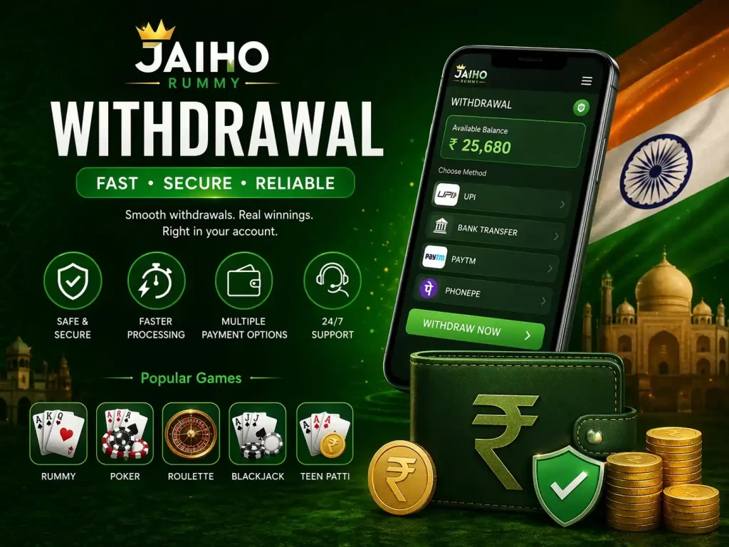 Jaiho Rummy withdrawal banner with mobile payout screen, rupee wallet, coins, secure transfer icons, and India-themed green background.