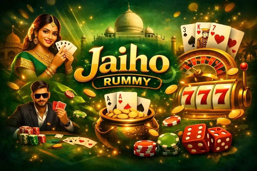 Jaiho Rummy games promotional image featuring rummy cards, poker chips, roulette wheel, slot machine, and Indian-themed casino elements with gold coins and green background