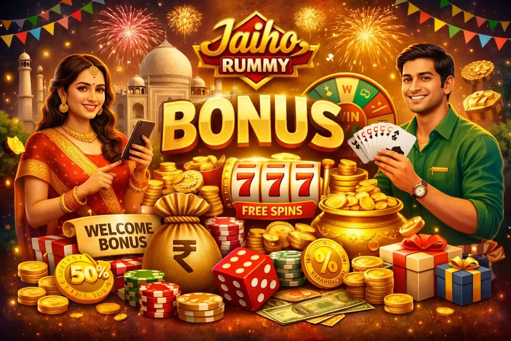 Jaiho Rummy bonus illustration with coins, cards, free spins, cashback rewards, Indian theme and vibrant green and gold casino design