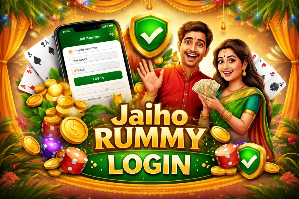 Jaiho Rummy login screen illustration with mobile app interface, secure access shield, playing cards and coins, Indian theme, green casino style