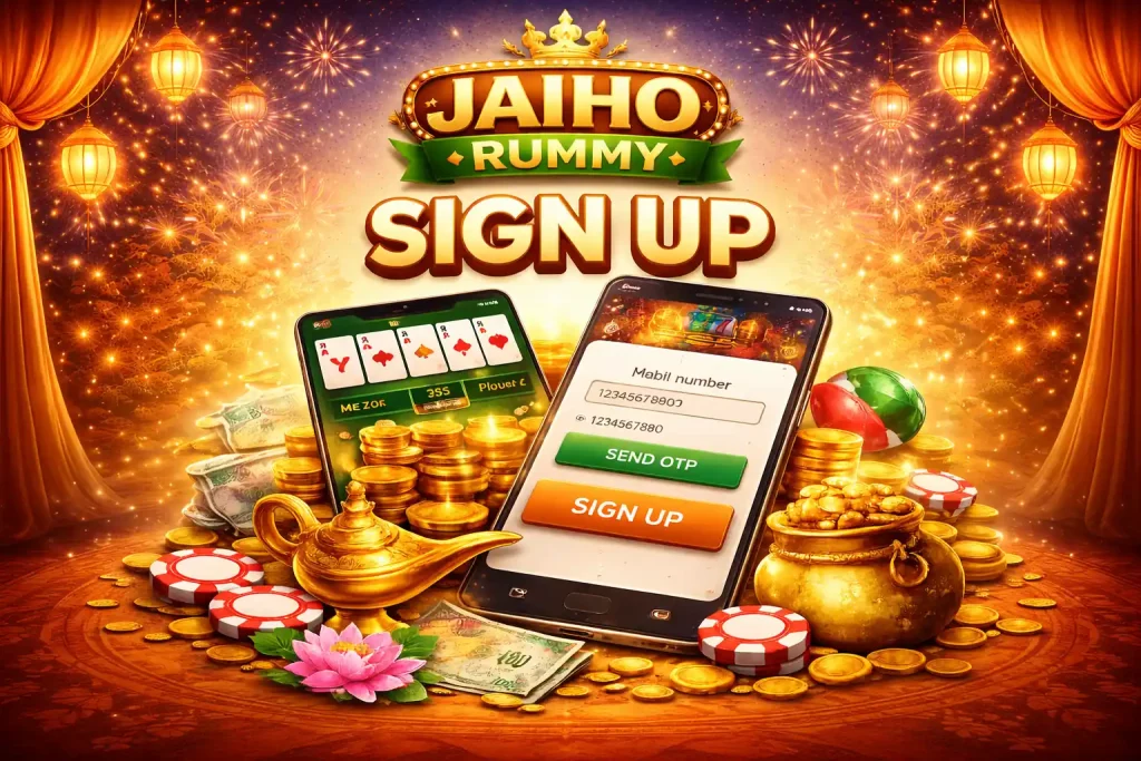 Jaiho Rummy sign up illustration with mobile registration screen, rummy cards, gold coins, and Indian-themed elements showing quick account creation experience