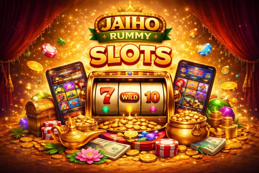 Jaiho Rummy slots illustration with golden slot machine, reels, coins, chips, and Indian-themed elements showing fast online slot gameplay experience