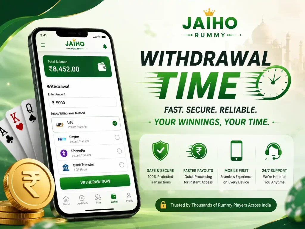 Jaiho Rummy withdrawal time banner with mobile payout screen, UPI payment methods, rupee coins, playing cards, and green Indian gaming design showing fast and secure withdrawals