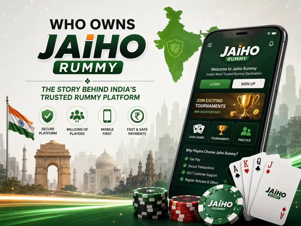 Jaiho Rummy ownership themed illustration with Indian landmarks, mobile rummy interface, playing cards, green casino design, and smartphone gaming concept in 4:3 format