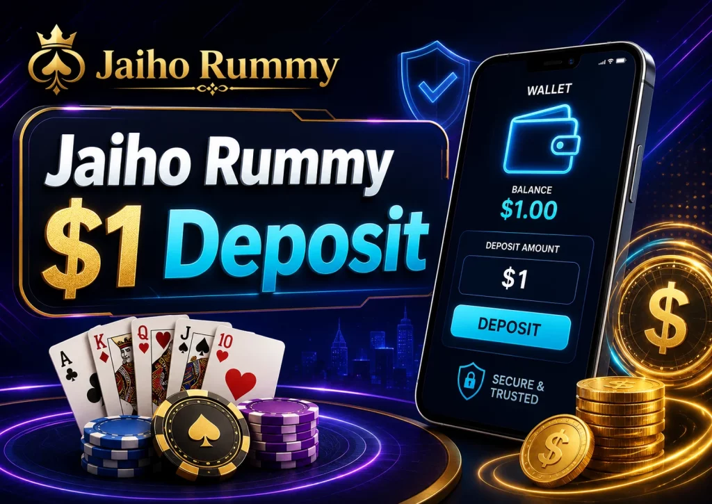 Jaiho Rummy $1 Deposit banner with secure wallet screen, playing cards, casino chips, gold coins, and neon dark casino design for Indian players.
